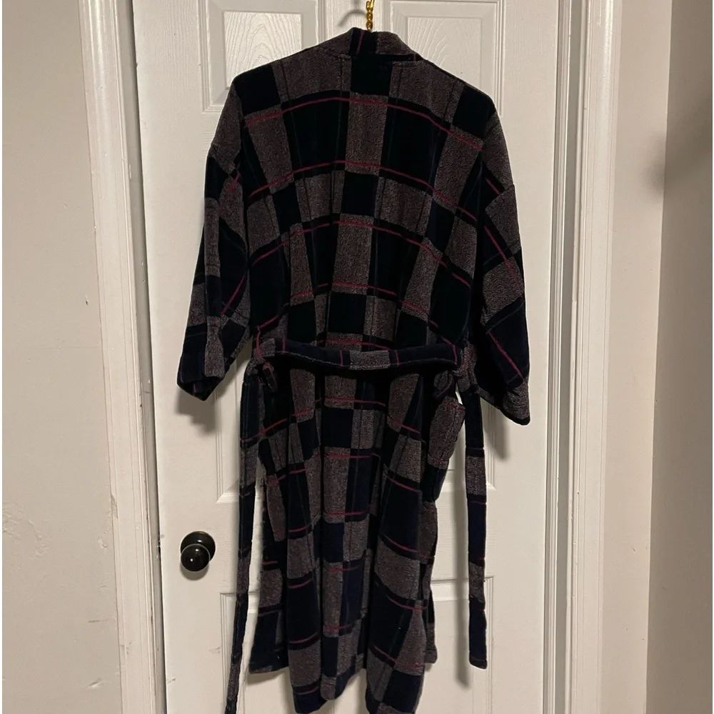 VTG Christian Dior terry cloth 100% cotton bath robe plaid men’s with belt! - Picture 9 of 9